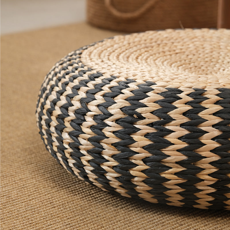 Coussin Rond en Paille Tressée Noir et Naturel