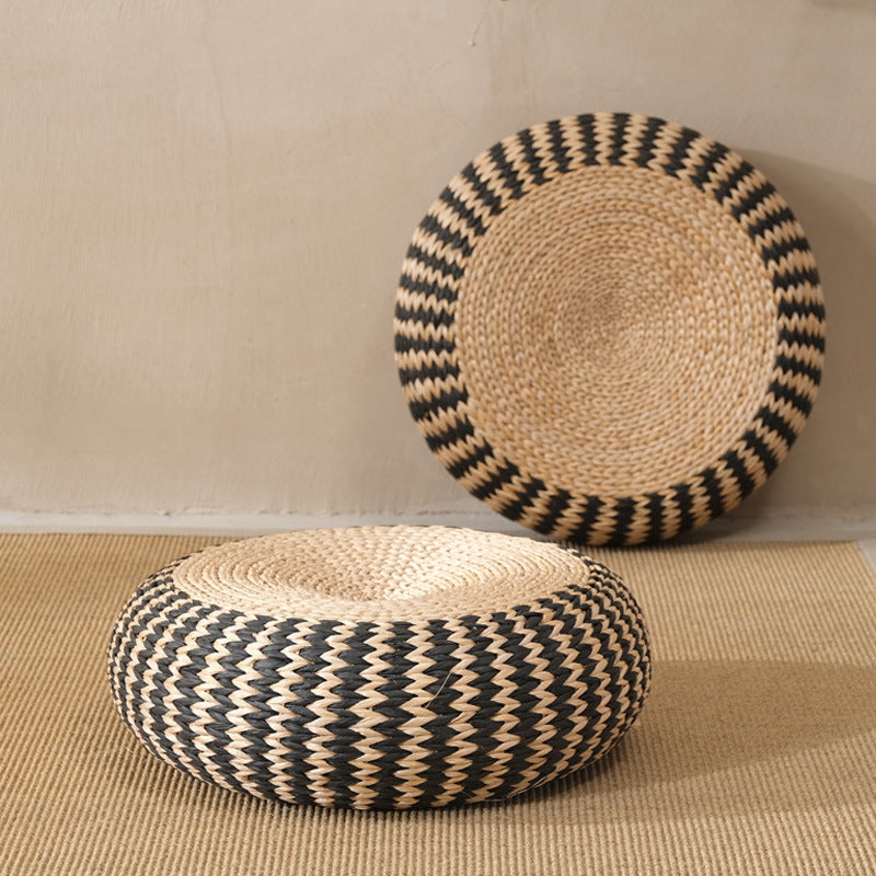 Coussin Rond en Paille Tressée Noir et Naturel