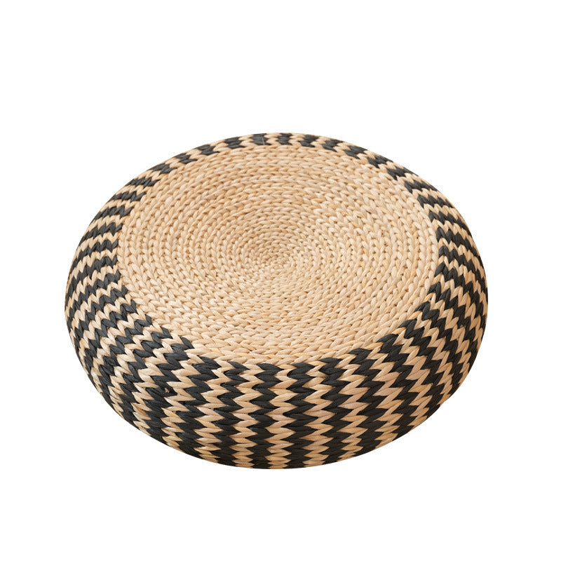 Coussin Rond en Paille Tressée Noir et Naturel